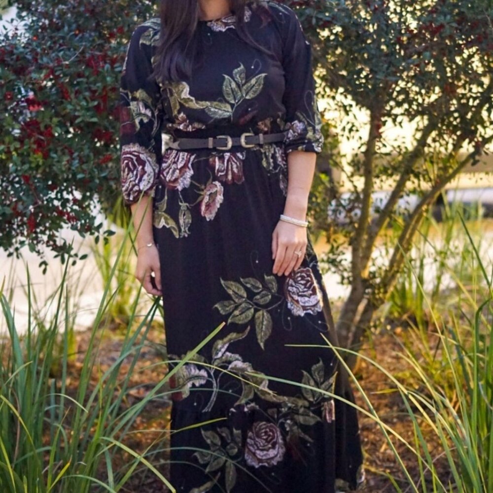 NEW M LuLaRoe Evelyn Smocked Waist Maxi Dress Long Sleeve Black Floral Midi - Picture 5 of 9